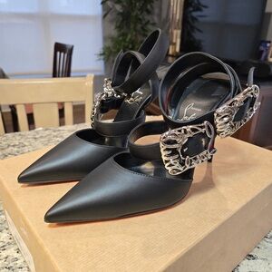 New Christian Louboutin Giddylina 100mm Black Heels with Silver Buckles Size 38